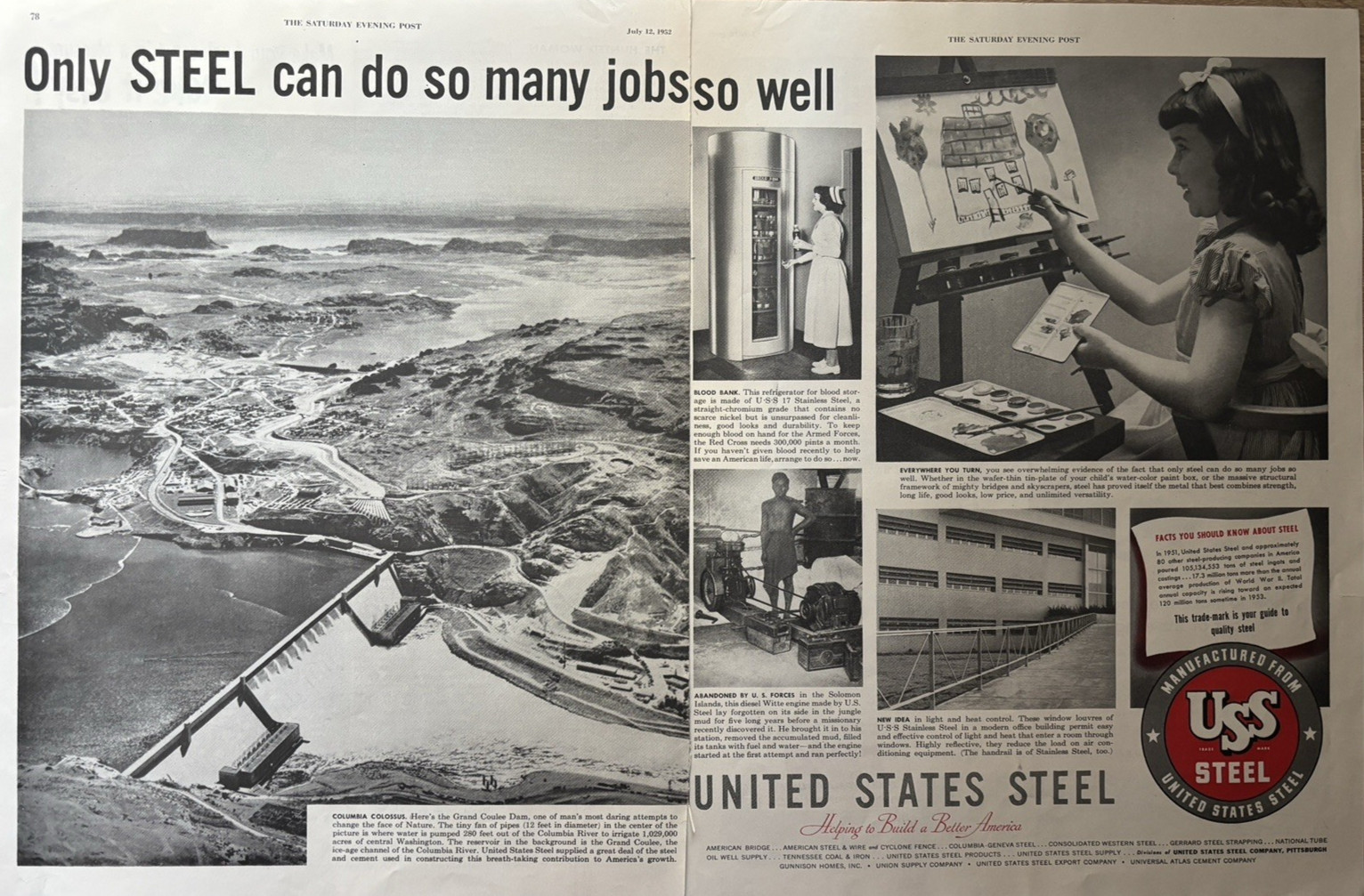 1952 United States Steel Grand Coulee Dam Columbia River Build VTG Print Ad