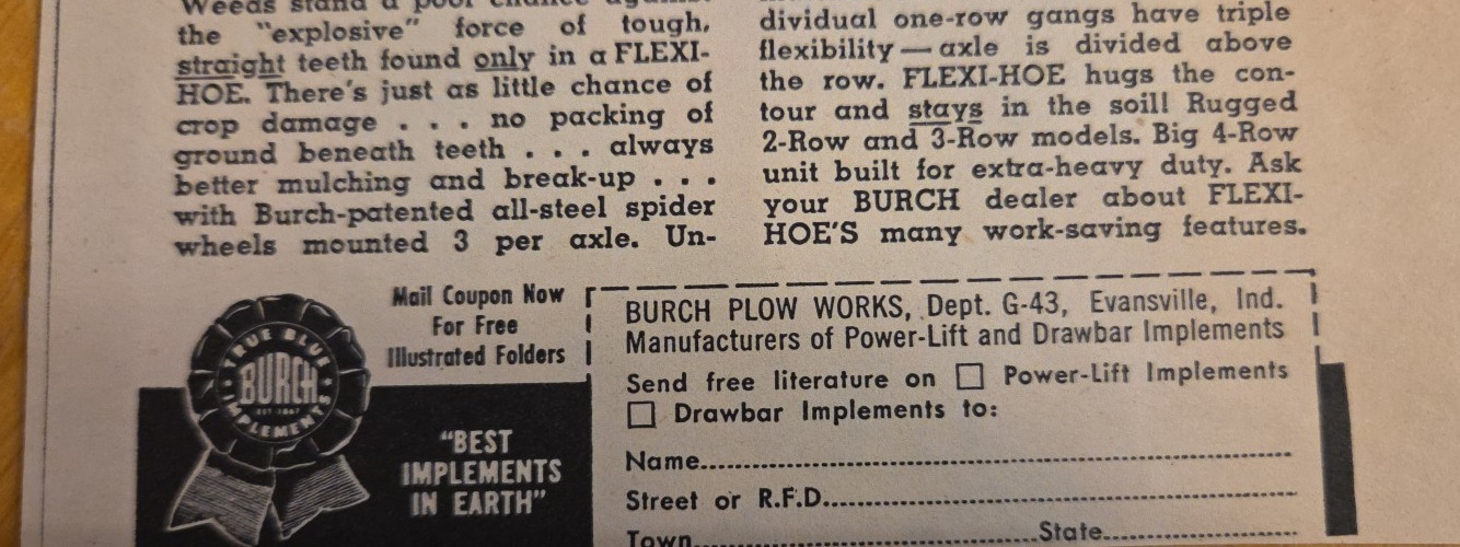 Burch Four Row Flexi Hoe Vintage 1953 Print Ad 4 Row Rotary Hoe Farming