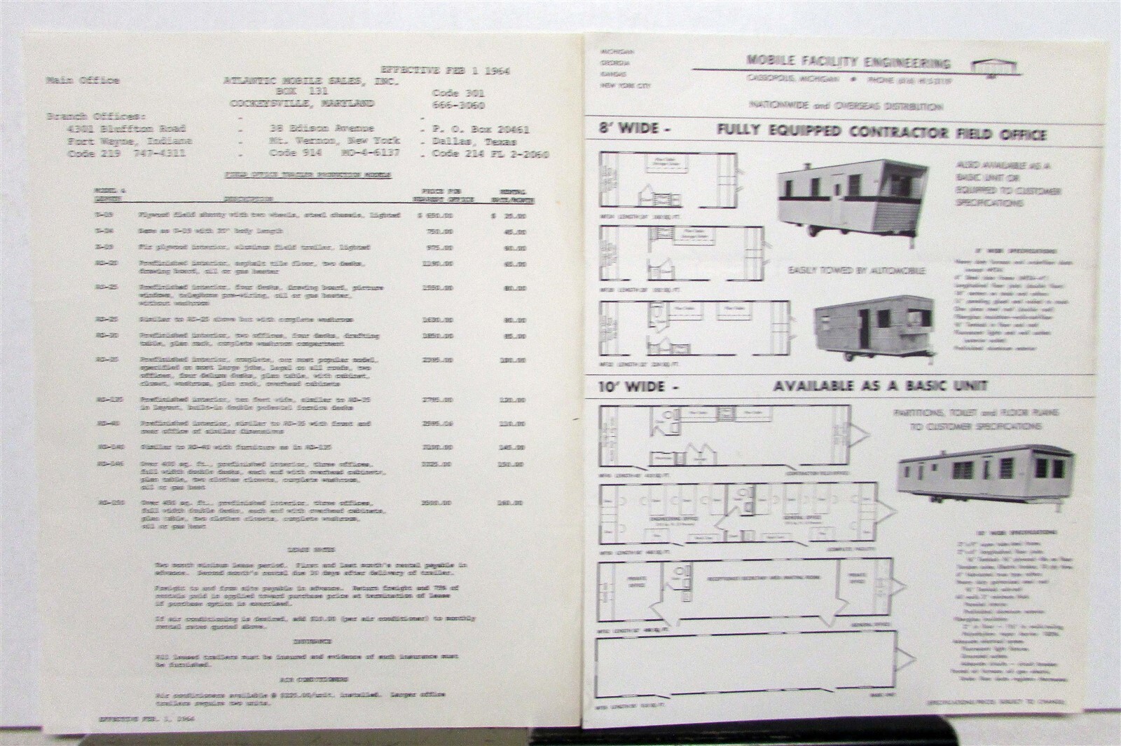1964 Mobile Facility Engineering Field Office Models Pricing Diagram Sale Sheets