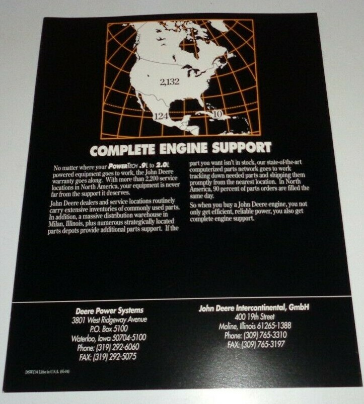 John Deere PowerTech .9L 1.1L 1.5L 2.0L Engine Sales Brochure 4/95 JD Literature