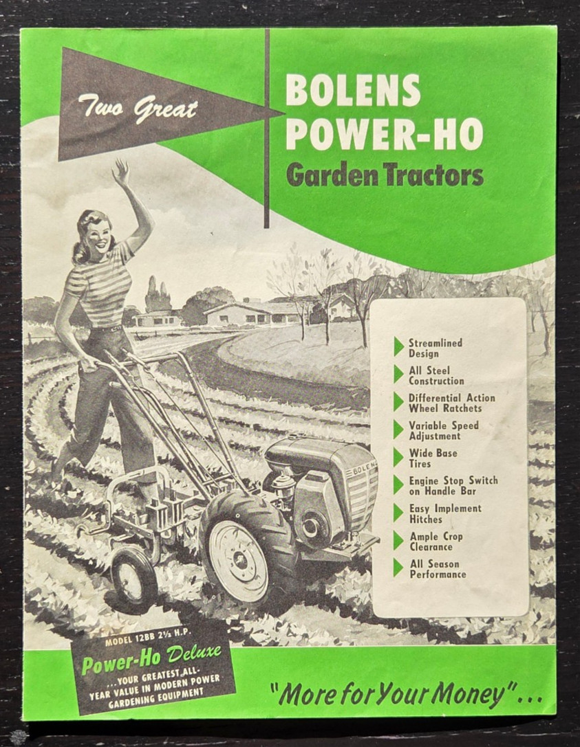1955 BOLENS POWER-HO GARDEN TRACTOR SALES COLOR BROCHURE “MORE FOR YOUR MONEY”