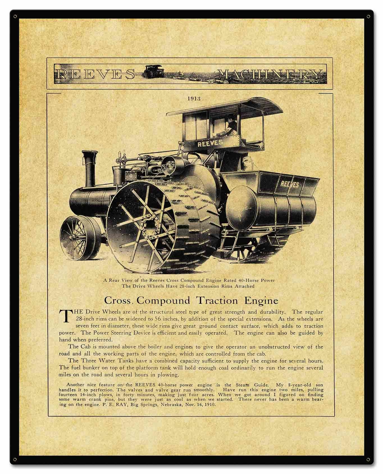 REEVES 1913 FARM TRACTION ENGINE 30″ HEAVY DUTY USA MADE METAL ADVERTISING SIGN