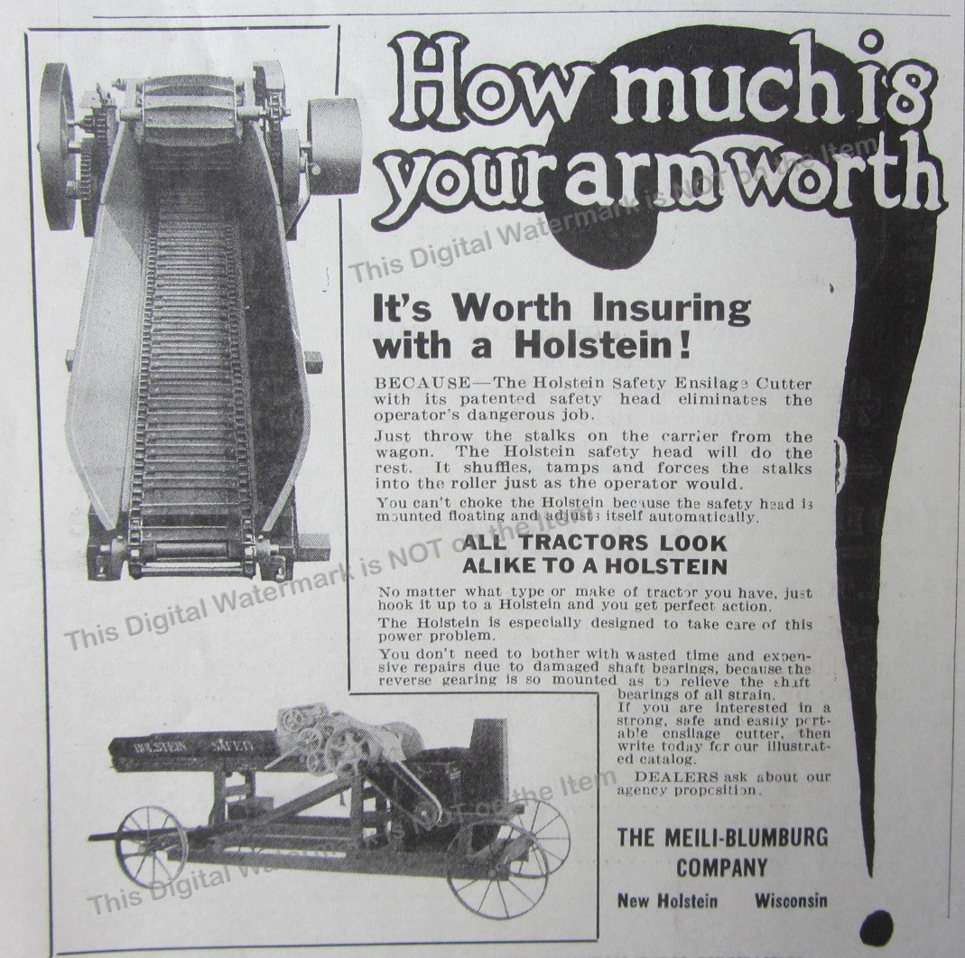 1919 Ad * Holstein Safety Ensilage Cutter Meili-Blumburg Co New Holstein WI