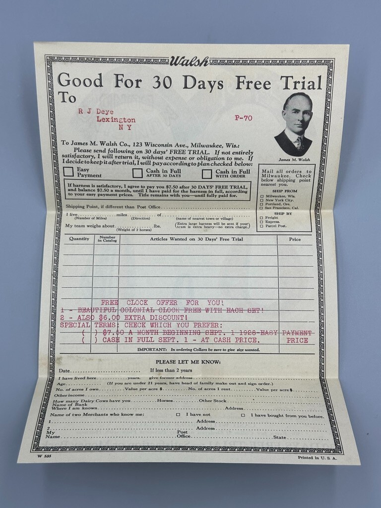 1928 James Walsh HORSE HARNESS Collars FARM Advertising MILWAUKEE Wisconsin