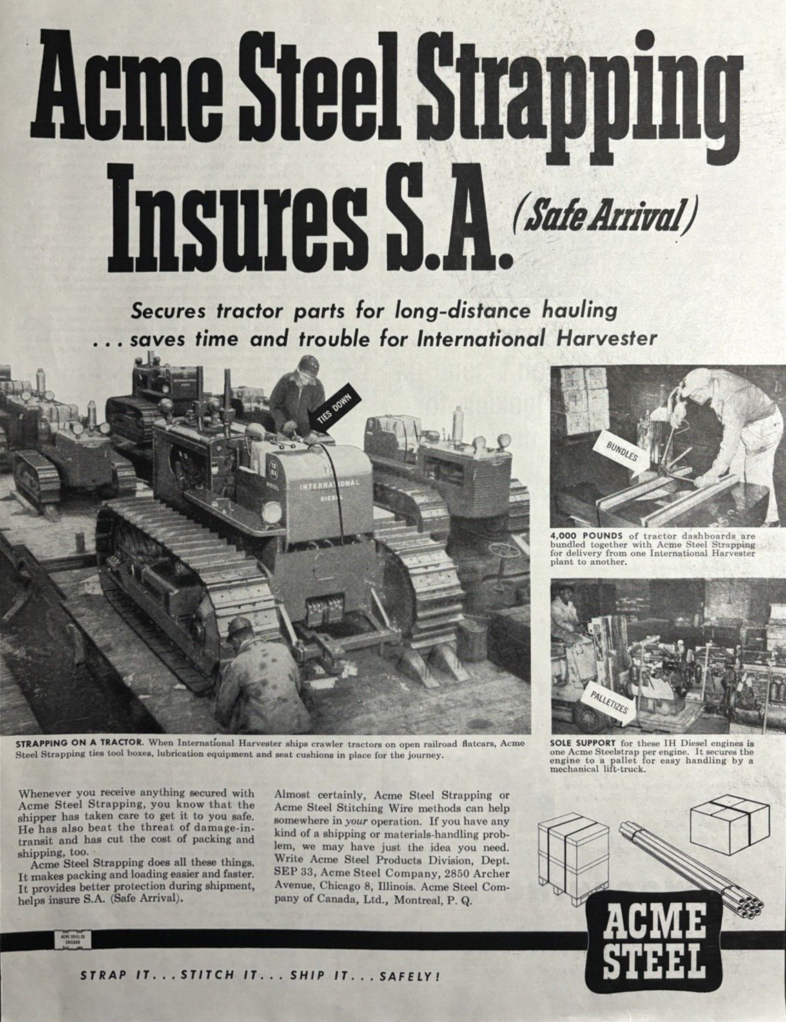 1953 Acme Steel Strapping Safe Arrival Tractor Parts Hauling Vintage Print Ad
