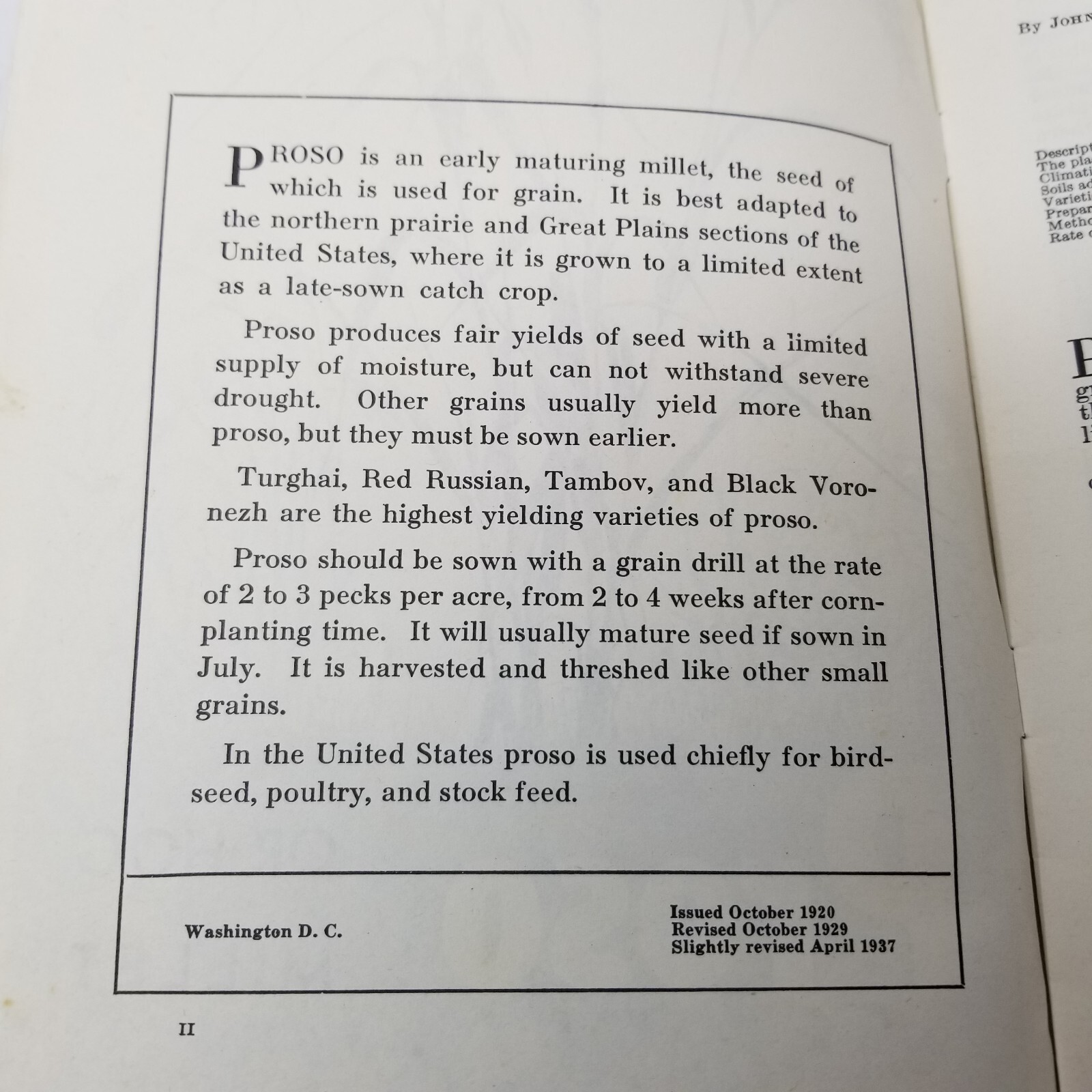 Proso Hog Millet 1937 Farmers’ Bulletin Booklet 1162 USDA Photos Charts