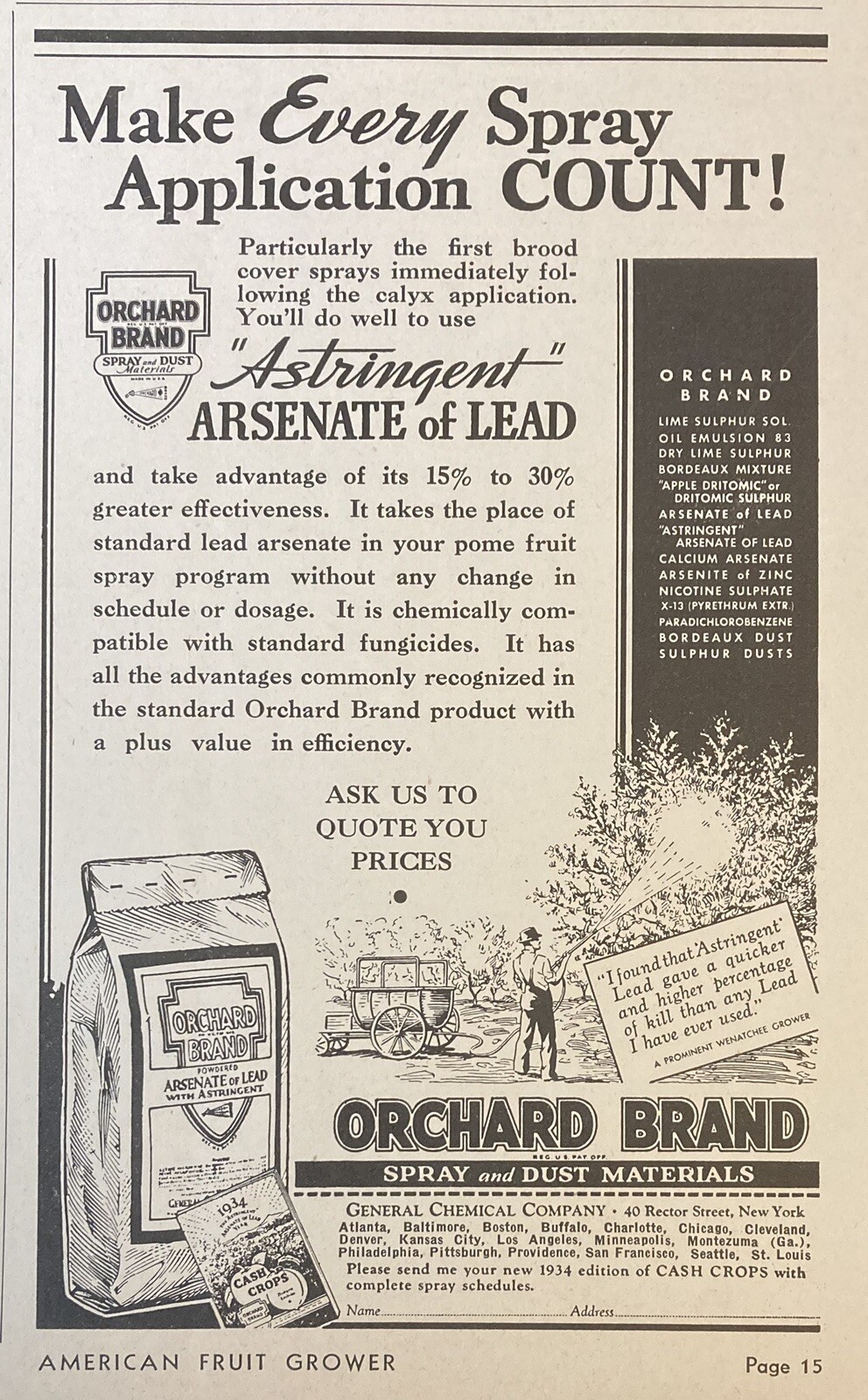 1934 AD.(XF21)~GENERAL CHEMICAL CO. NYC. ORCHARD BRAND SPRAY AND FRUIT DUST