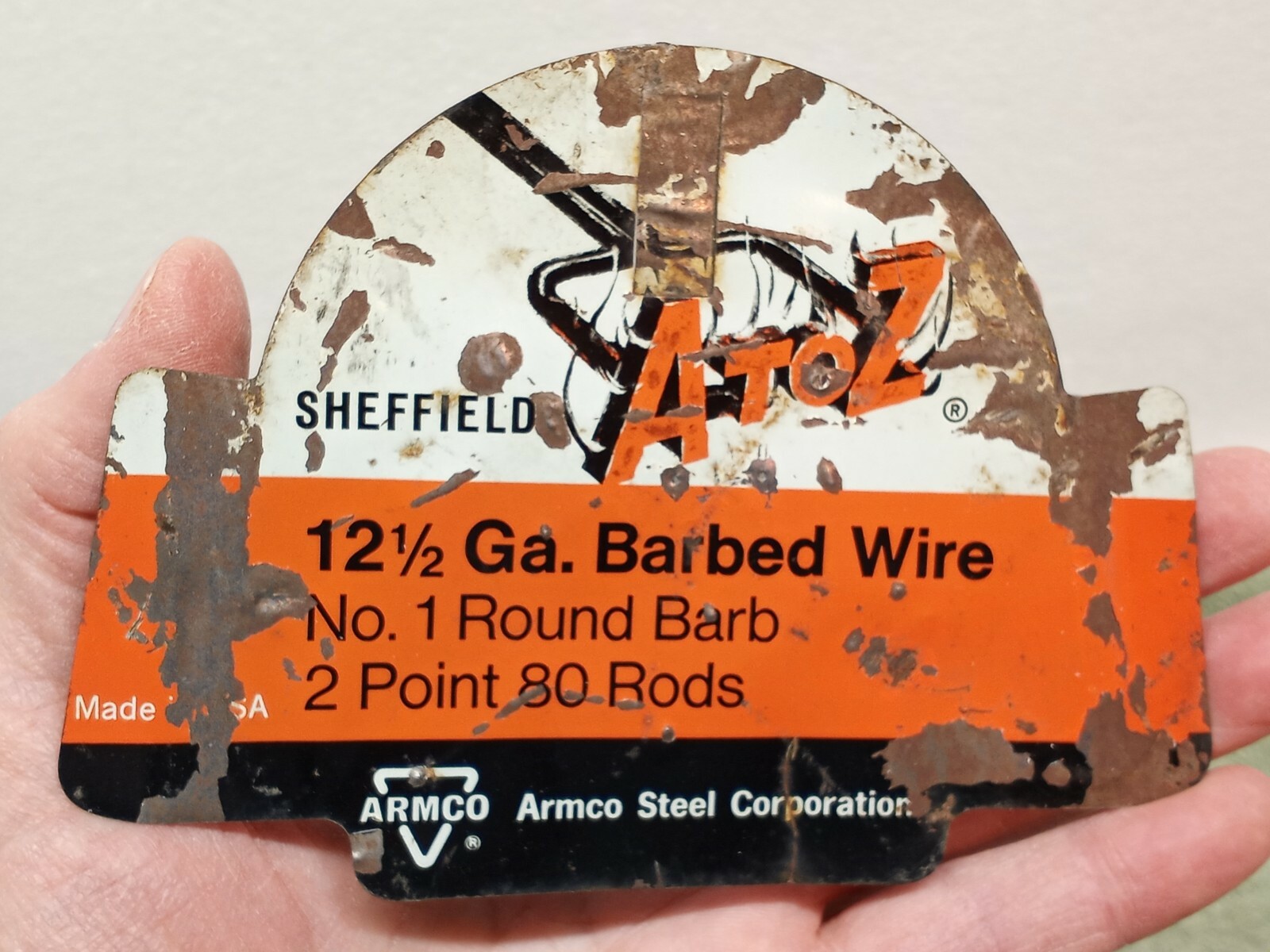 Vtg SHEFFIELD A to Z BARBED WIRE FENCE TIN METAL SIGN USA ARMCO STEEL CORP.