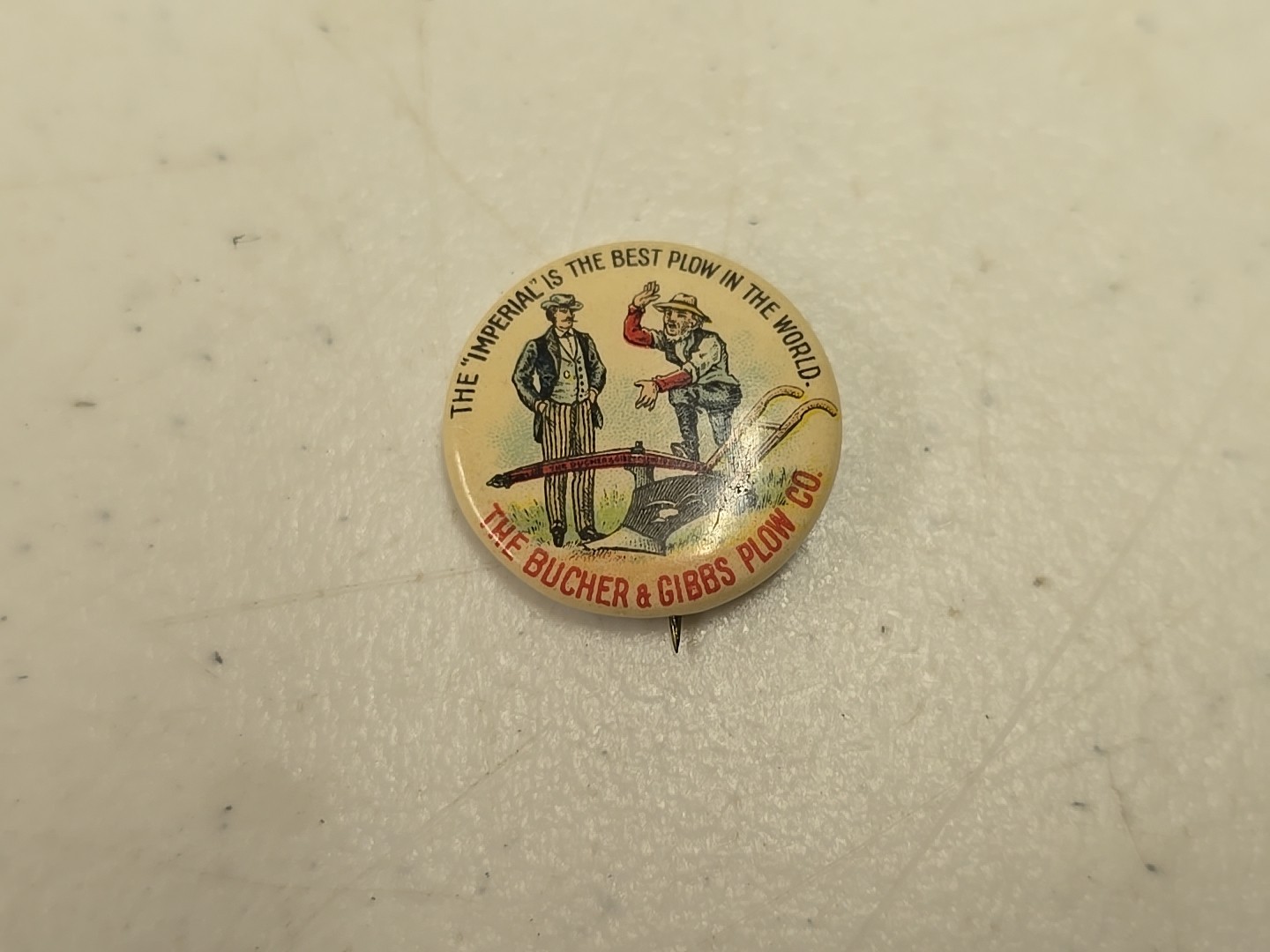 Antique 7/8″ Bucher & Gibbs Imperial Plow Advertising Celluloid Pinback