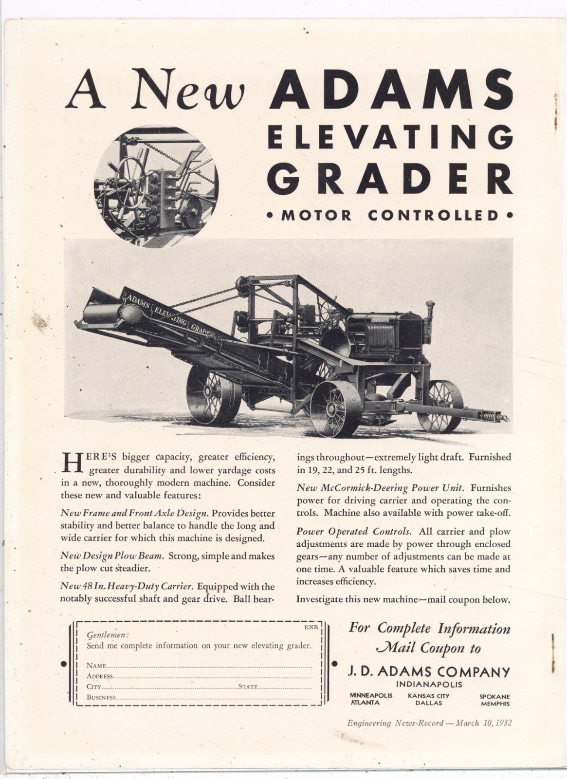 1922 J.D. Adams Co. of Indianapolis Ad: Elevating Motor Grader, 19-25″ Lengths