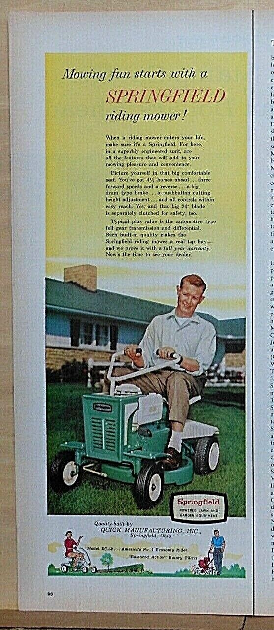 1959 magazine ad for Springfield Riding Lawnmowers – Mowing Fun, EC-59 mower