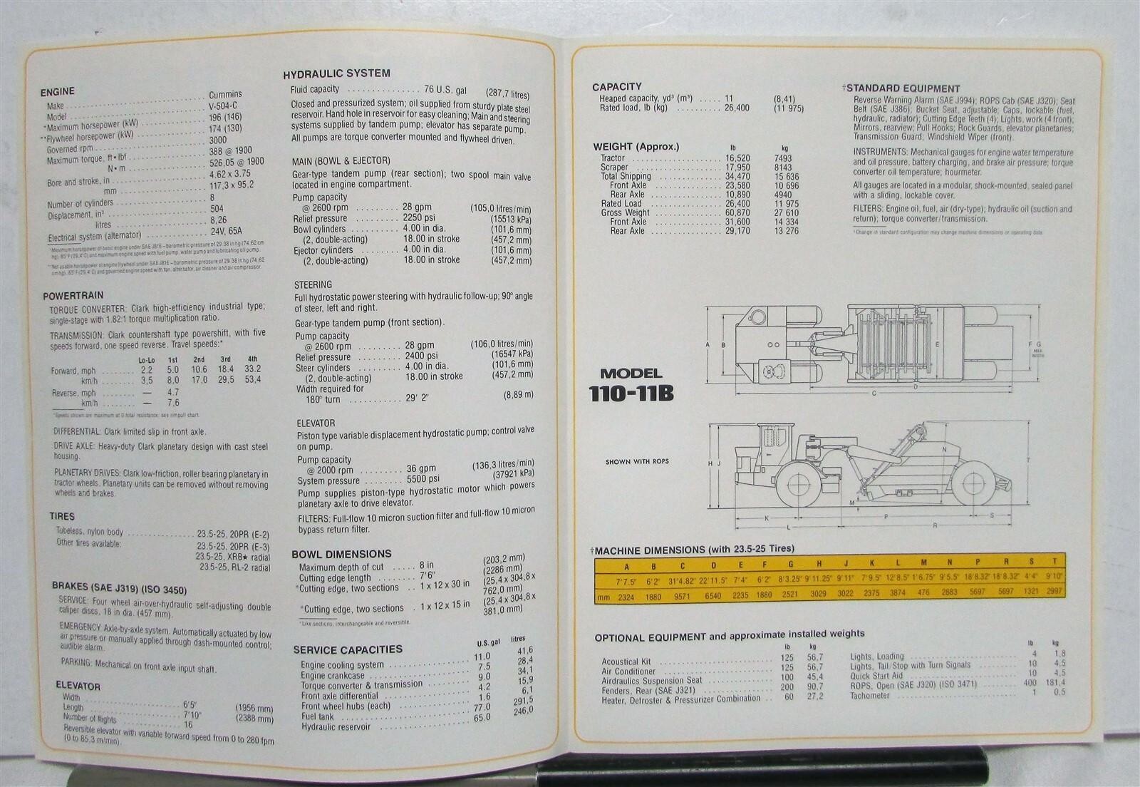 1980 Clark 110 11B Michigan Elevating Scraper Specs Construction Sales Folder