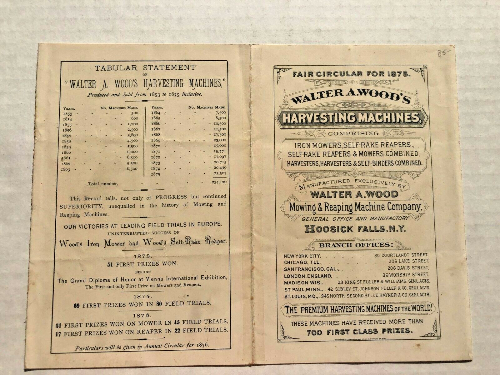1876 Walter A Wood Harvesting Machines Sales Brochure w/ Color Illustrations