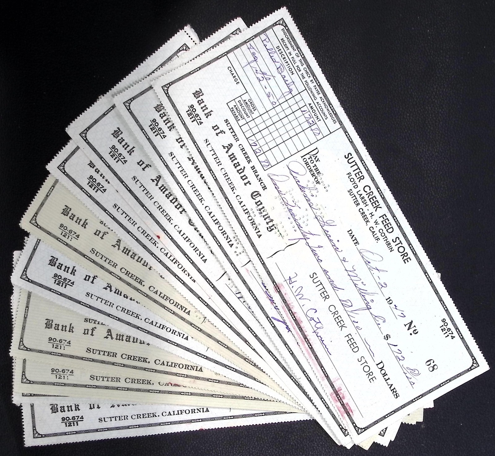 1947 Sutter Creek Feed Store Checks Bank Of Amador County California Set