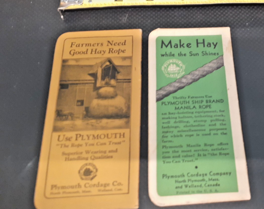 2 PLYMOUTH TWINE/CORDAGE POCKET MEMO’S, MINTY UNUSED, 1924 & 1933