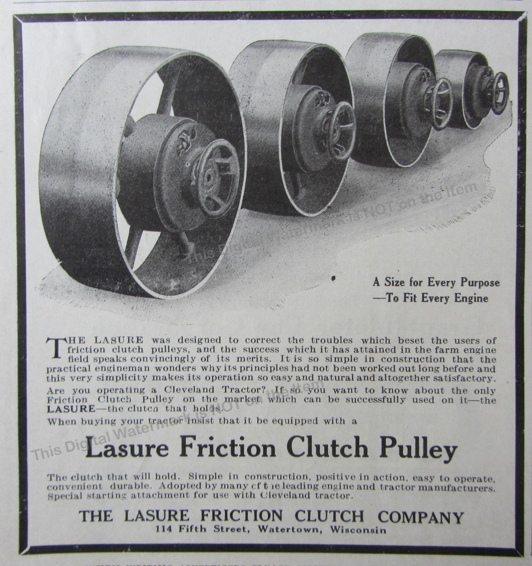 1919 Ad * Lasure Friction Clutch Pulley for Tractors Watertown Wisconsin