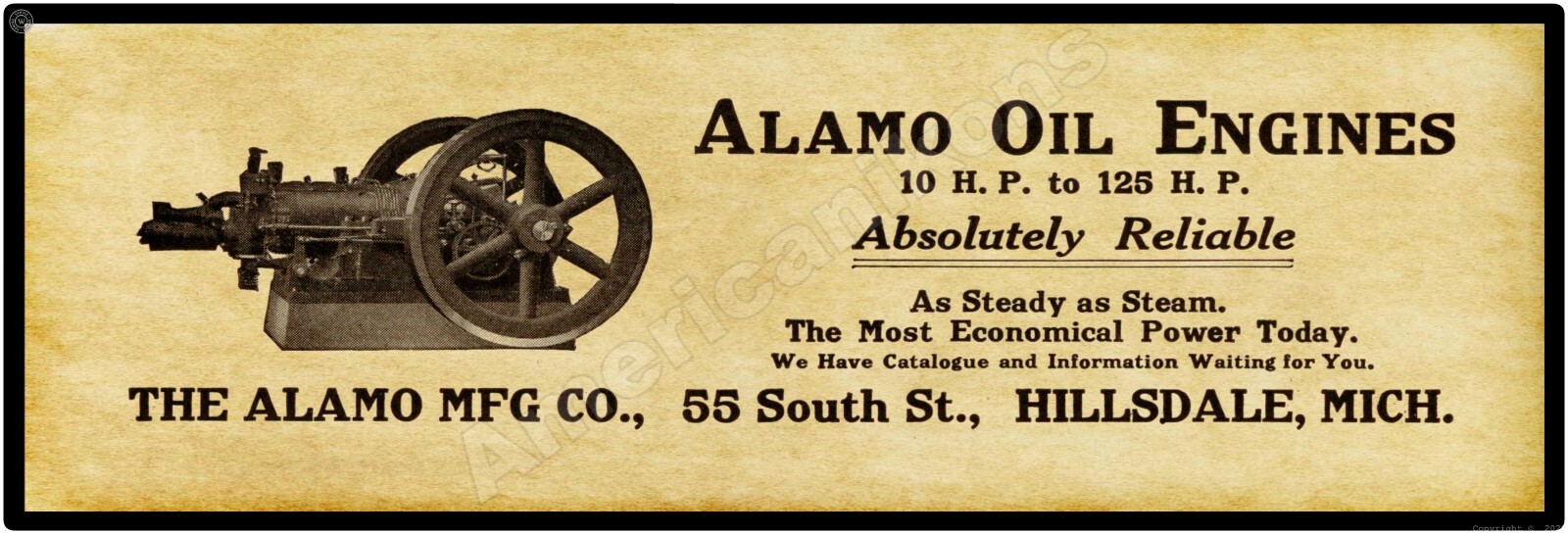 1915 Alamo Gas Engines New Metal Sign: 6 x 18″ Hillsdale, Michigan Free Shipping