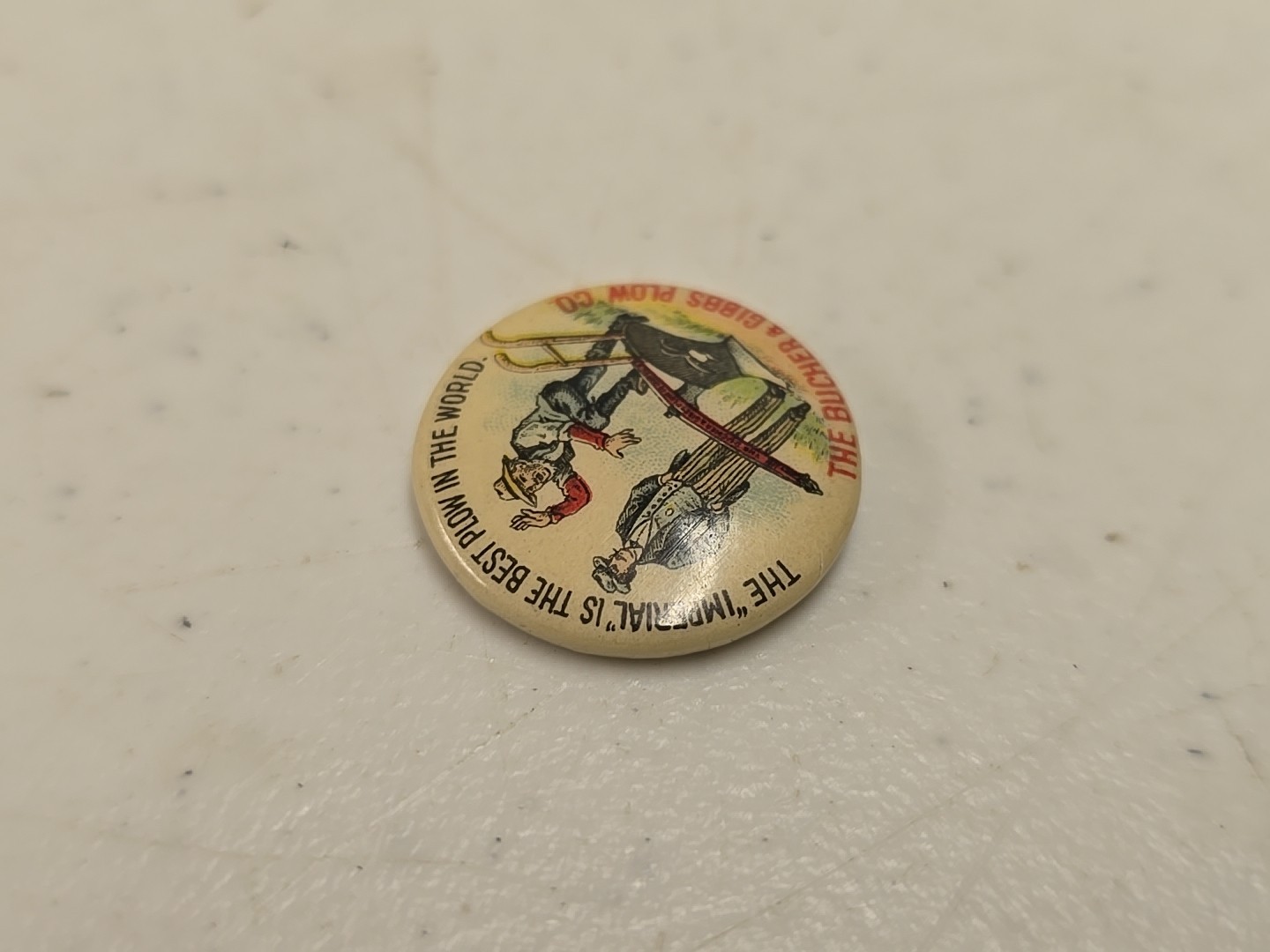 Antique 7/8″ Bucher & Gibbs Imperial Plow Advertising Celluloid Pinback