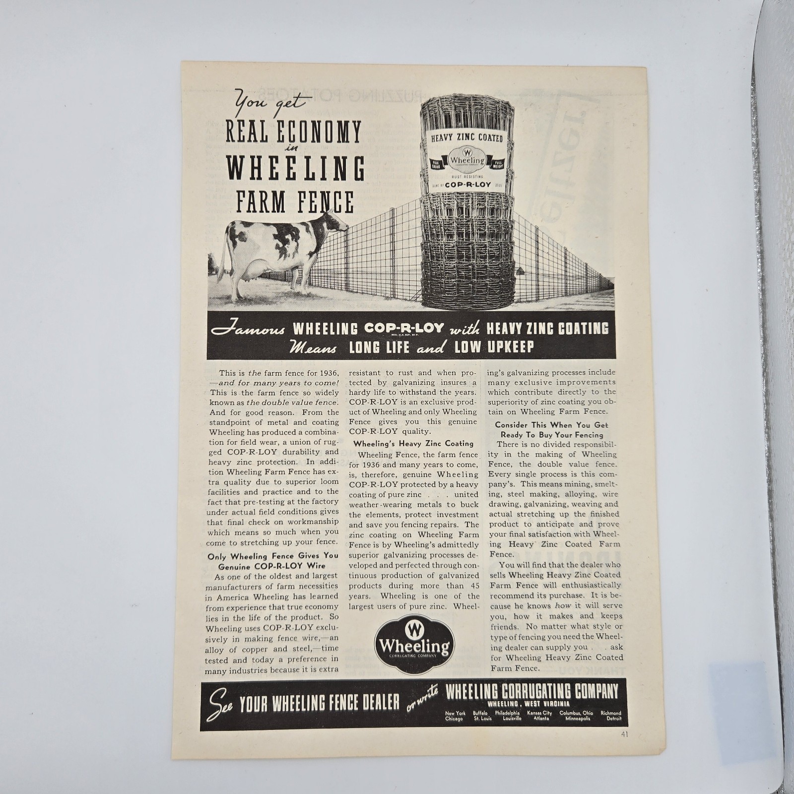 1936 Wheeling COP-R-LOY Farm Fence, West Virginia 8 x 11.5″