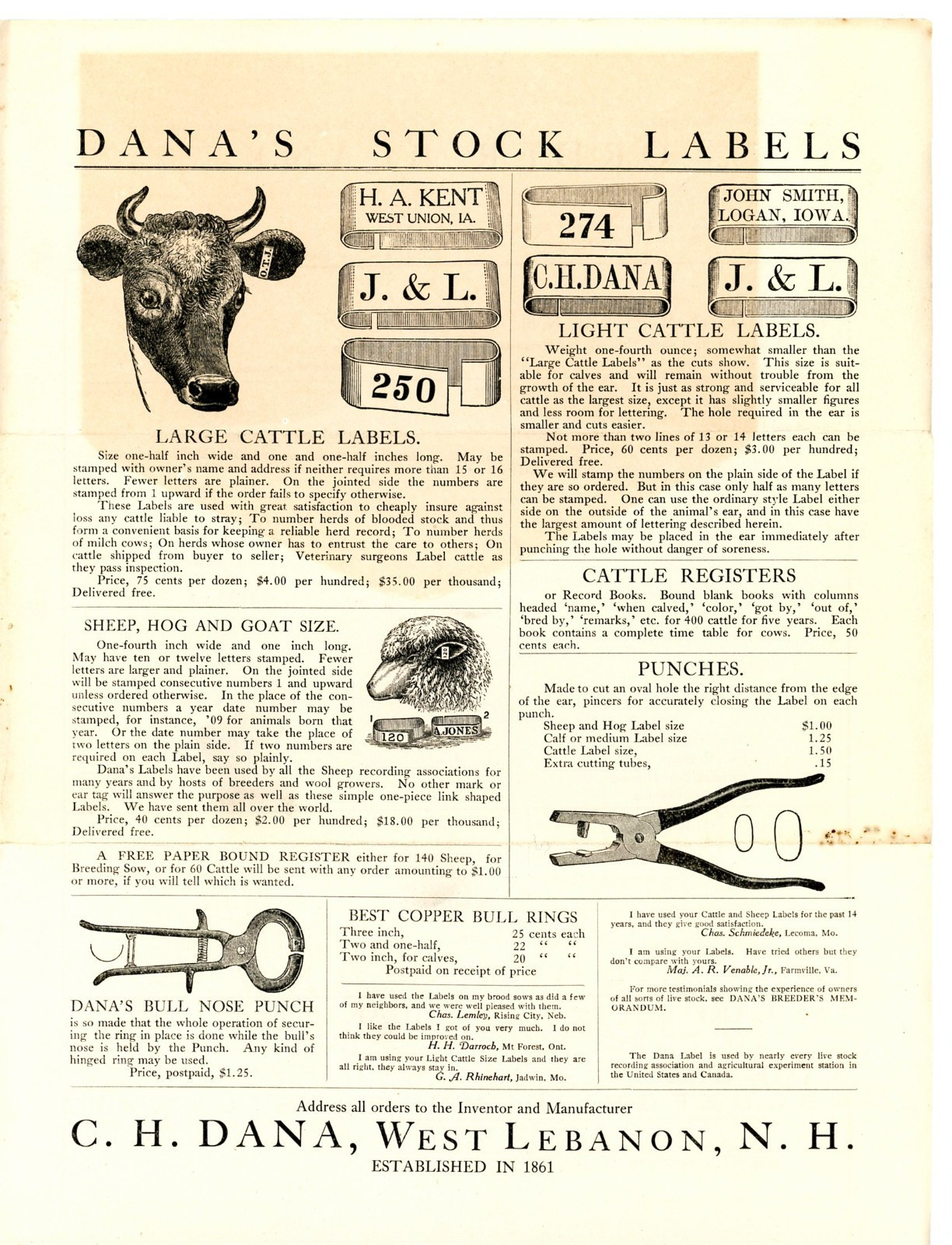 Dana’s Stock Labels & Breeder Memorandum C H Dana West Lebanon New Hampshire