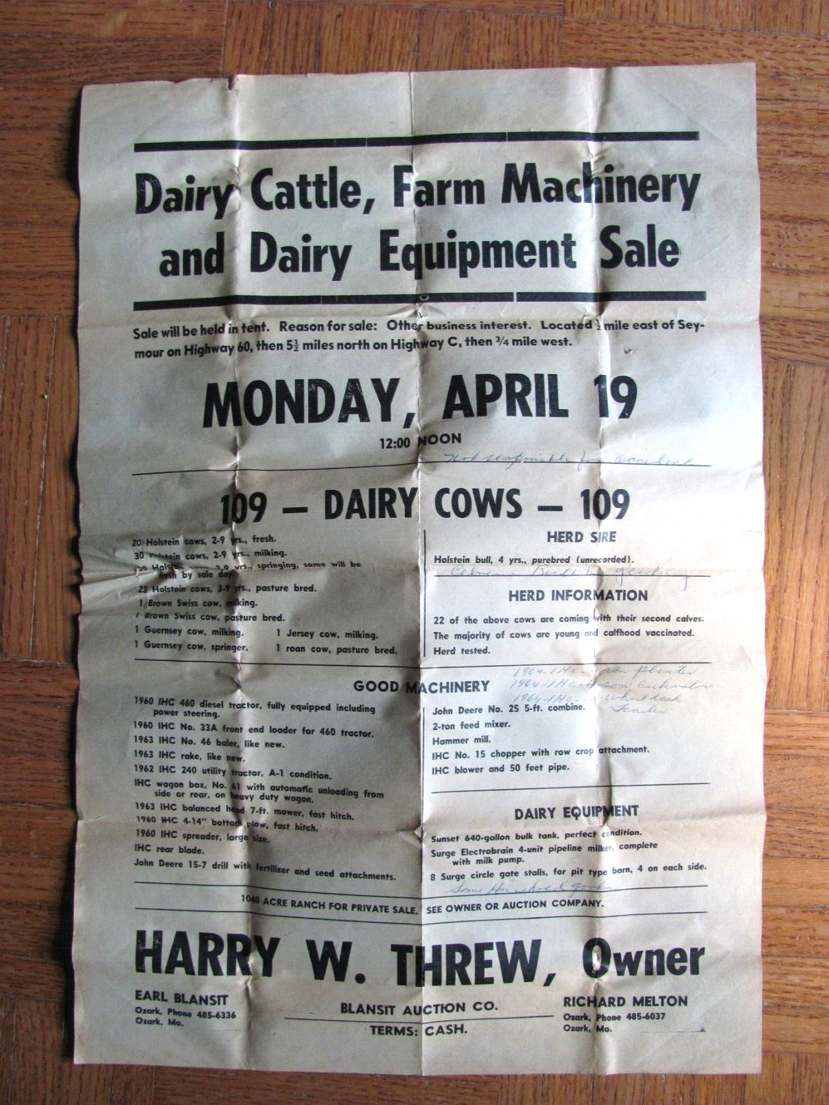 1960’S DAIRY FARM AUCTION POSTER SEYMOUR MISSOURI AREA HARRY THREW