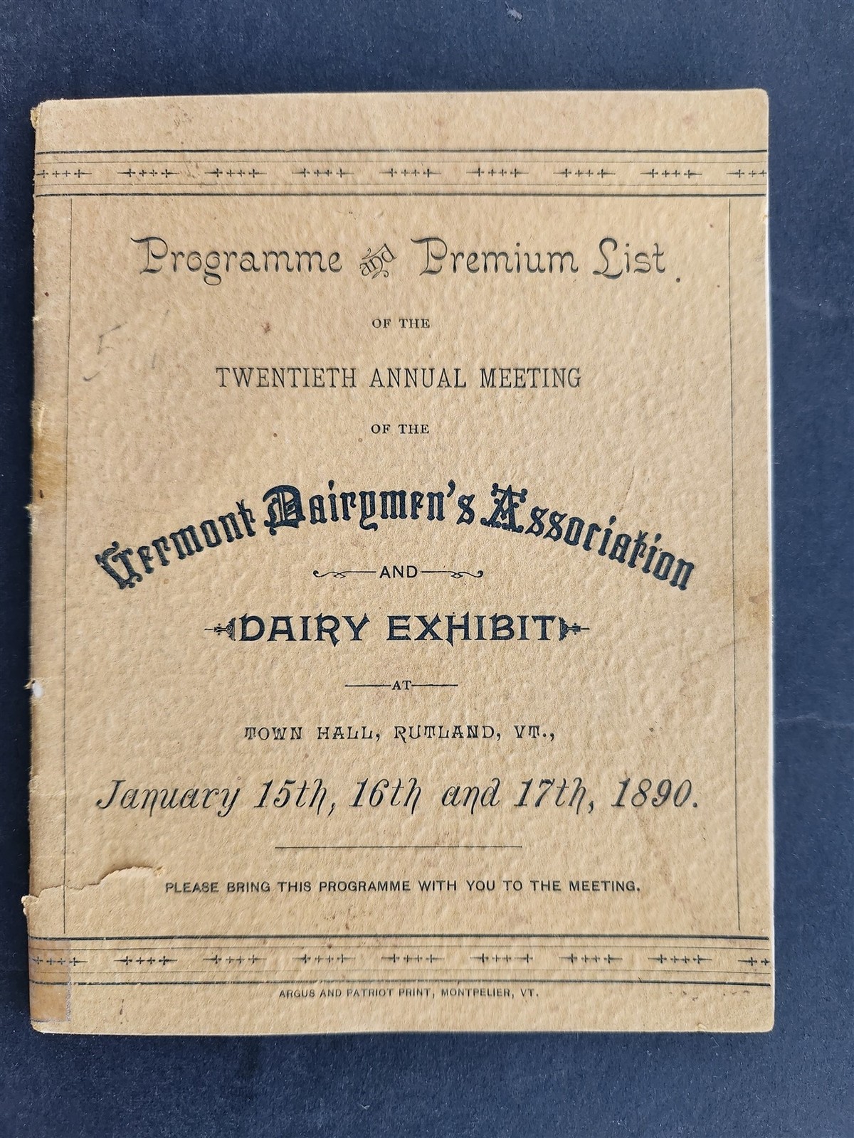 1890 antique VERMONT DAIRYMEN’S ASSOC w ADS PROGRAM EXHIBIT 29th annual meeting