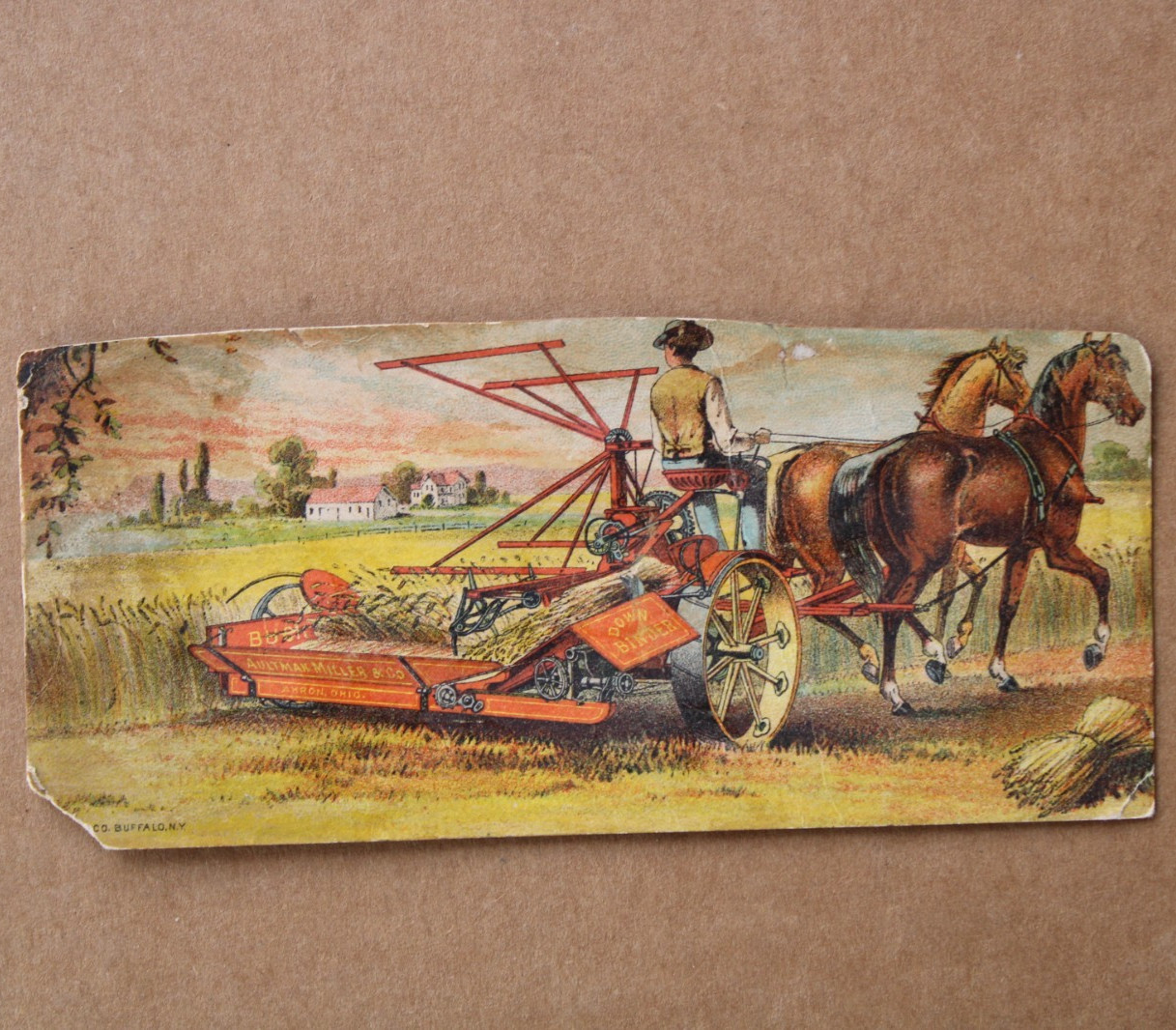 RARE ANTIQUE 1800’s AULTMAN MILLER CO. FRONT CUT MOWER Old 6 in. Trade Card Sign