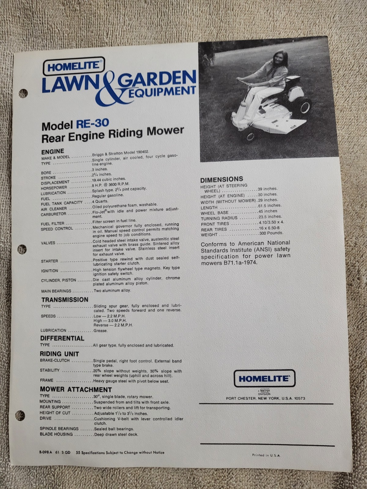 Vintage 1974 Homelite Model RE30 Rear Engine Riding Mower BROCHURE 190402 Briggs
