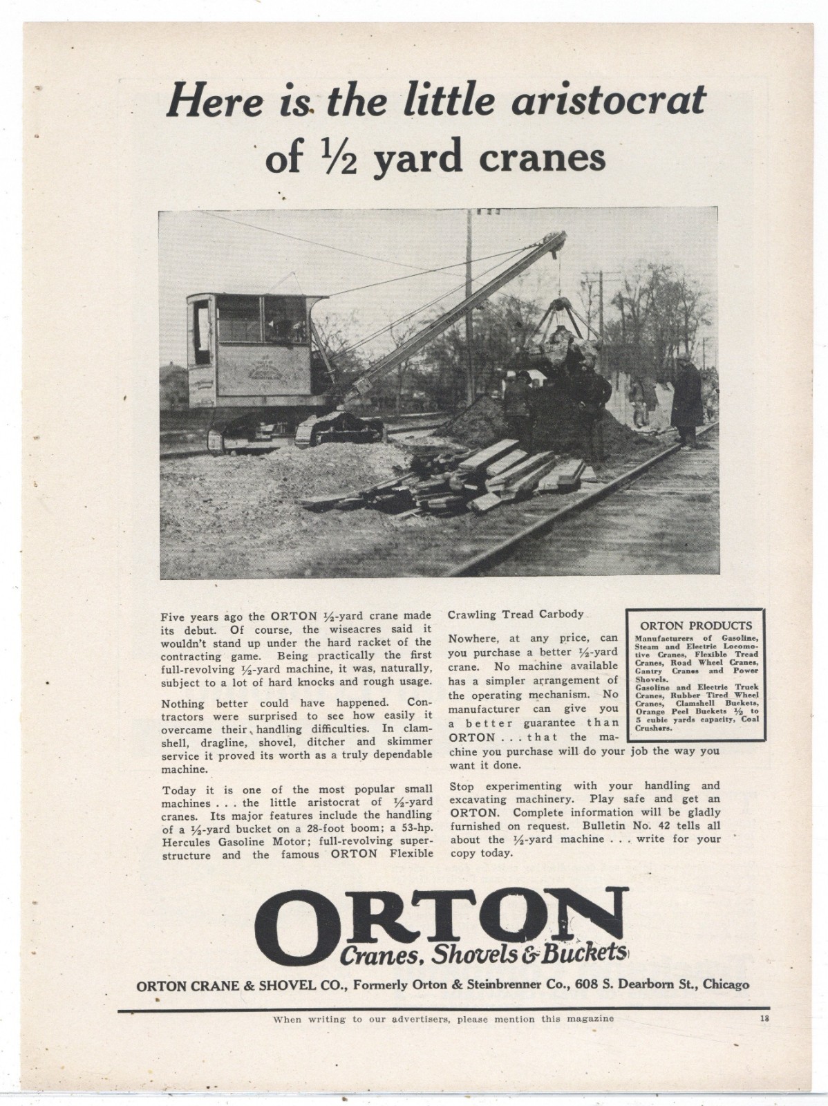 1927 Orton Crane & Shovel of Chicago Ad: Little Aristocrat of 1/2 Yd. Cranes