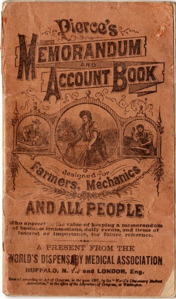 1887-88 Pierce’s Memorandum and Account Book w/ Product Ads & Testimonials, USED
