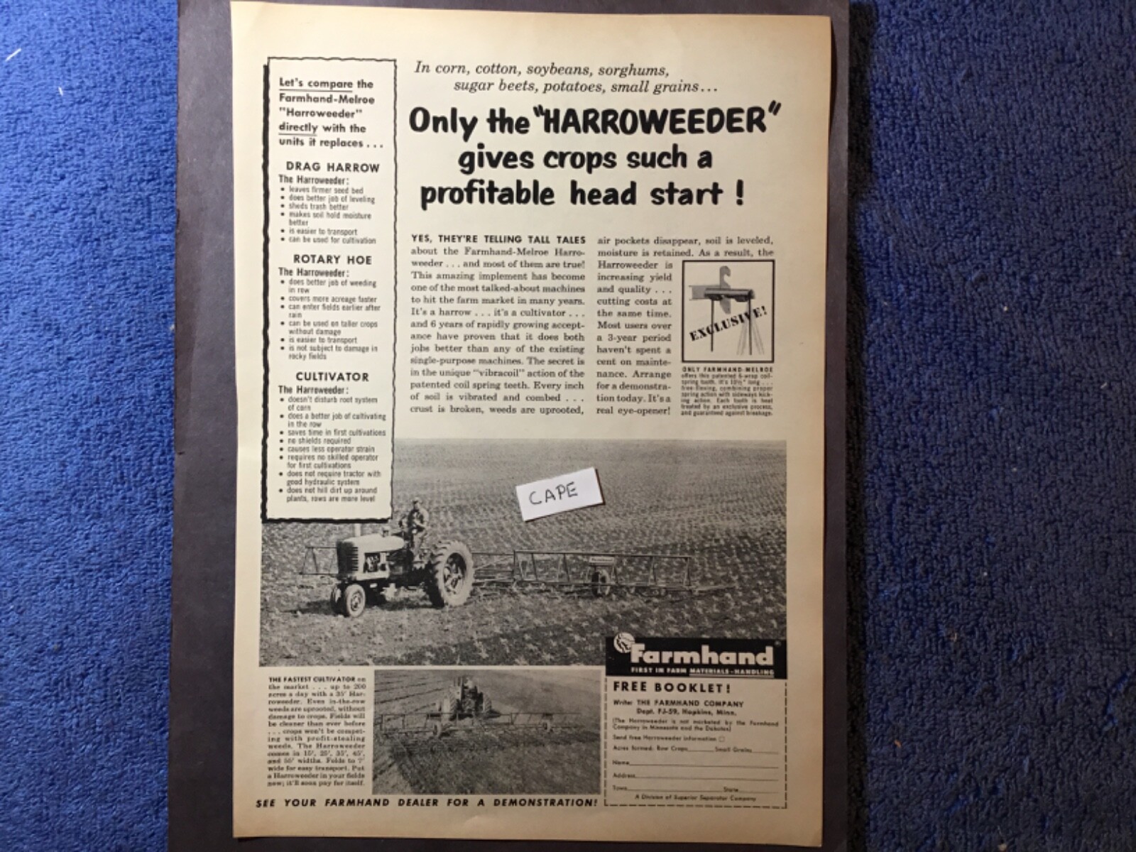 1959 Harroweeder 35’ Farmhand. Vintage 1959 Ad. Hopkins, Minnesota.