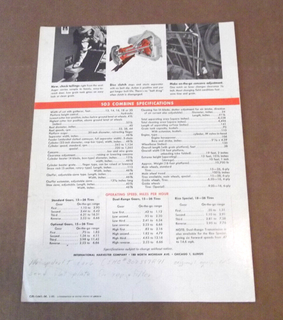 McCormick IH International Harvester 503 Combine Sales Brochure 4 Pgs