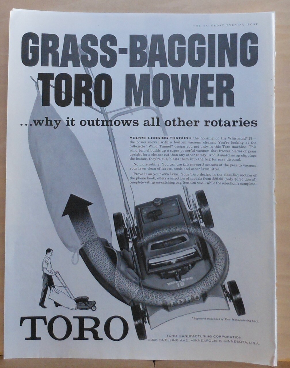 1960 magazine ad for Toro grass bagging lawn mower – Whirlwind power mower