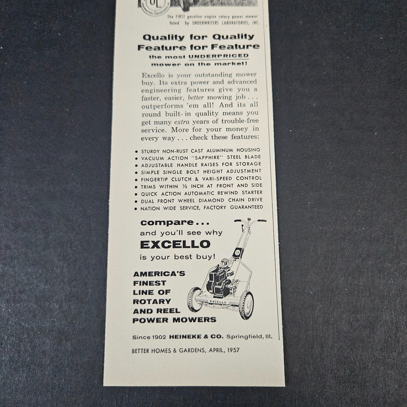 1957 Excello Power Mowers Vintage Print Ad Jet Spray Chute Lady Springfield IL