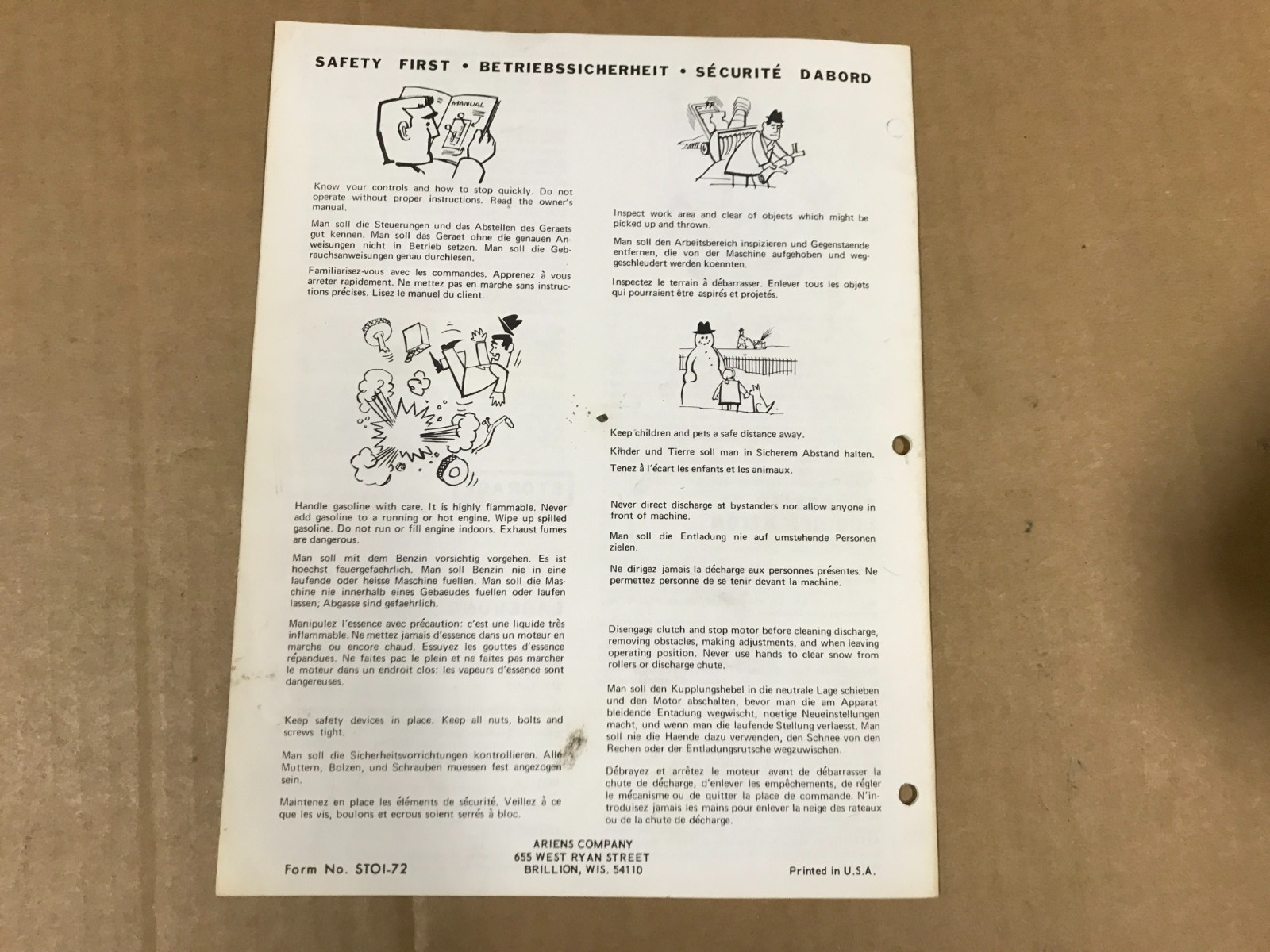 Vintage Ariens Sno-Thro Owner’s Manual Booklet – Form STOI-72