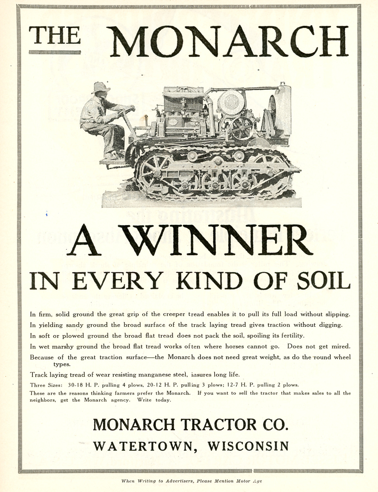 1919 Original Monarch Tractors Ad. Winner In Every Kind Of Soil. Watertown, Wisc