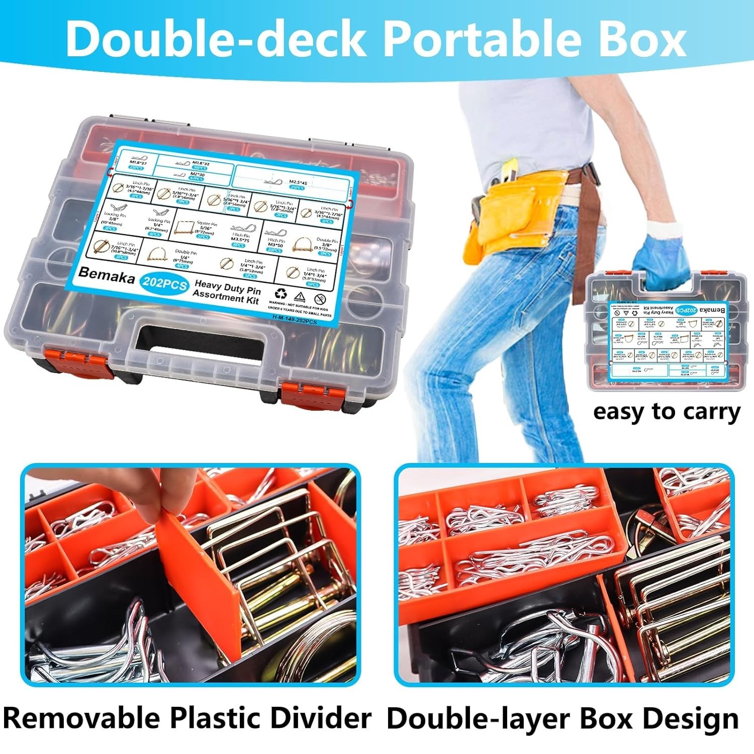 202PCS Hitch Pins Clips Linch PTO Pins Trailer Tractor Truck Towing Kit