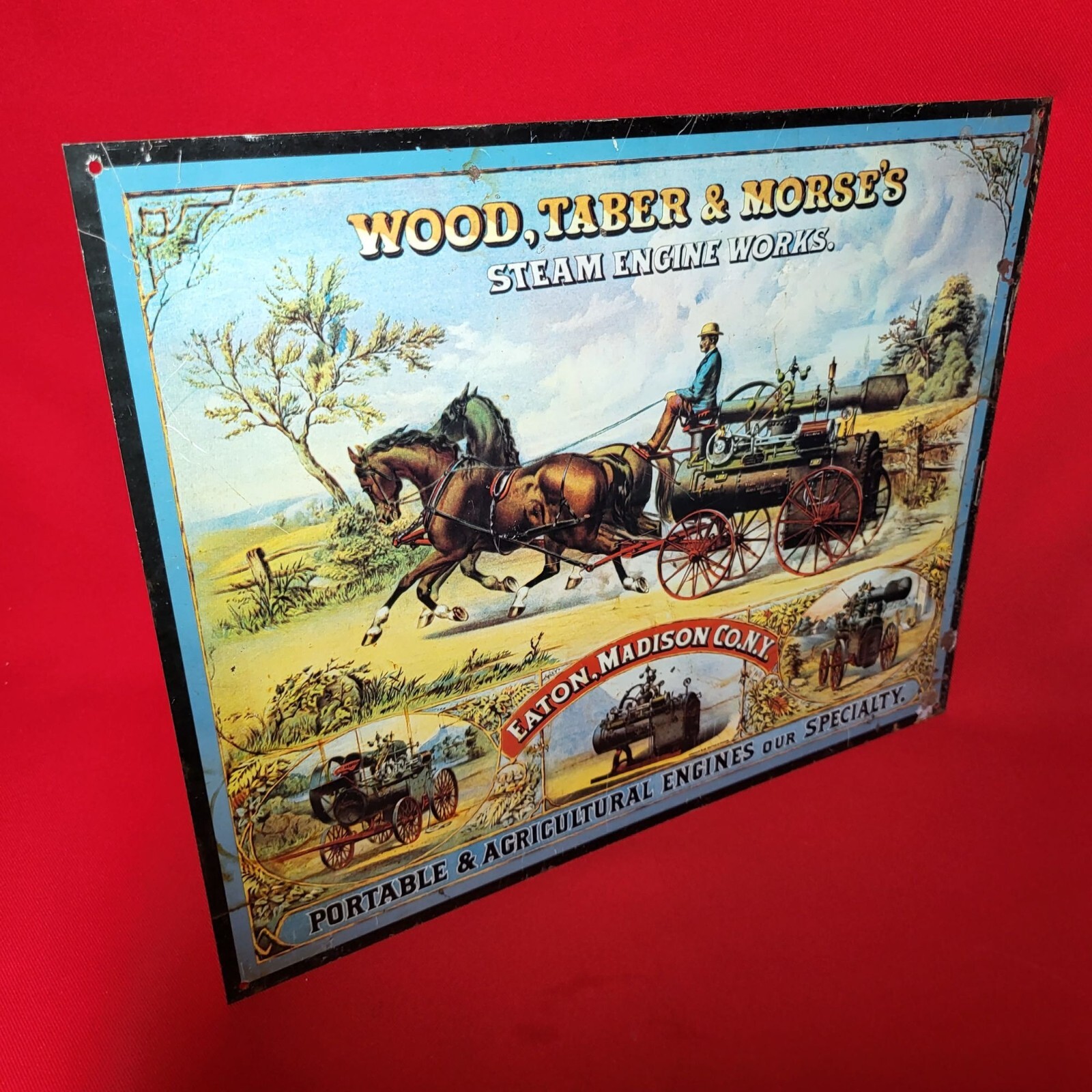 Vintage Repro Wood Taber & Morse’s Steam Engine Works Tin Sign Advertising