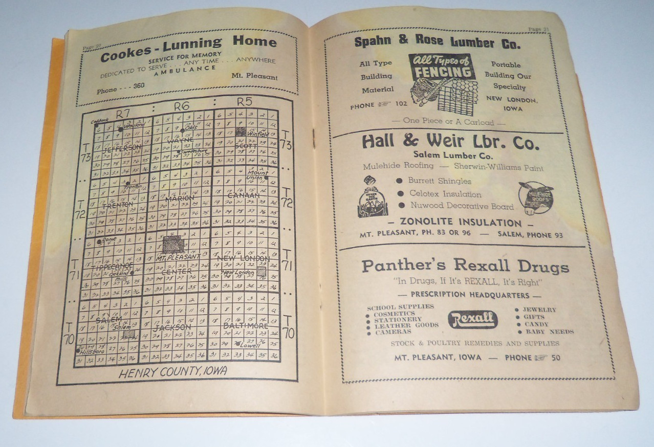 Vintage 1952 Iowa Farm Directory Henry Country 1950s