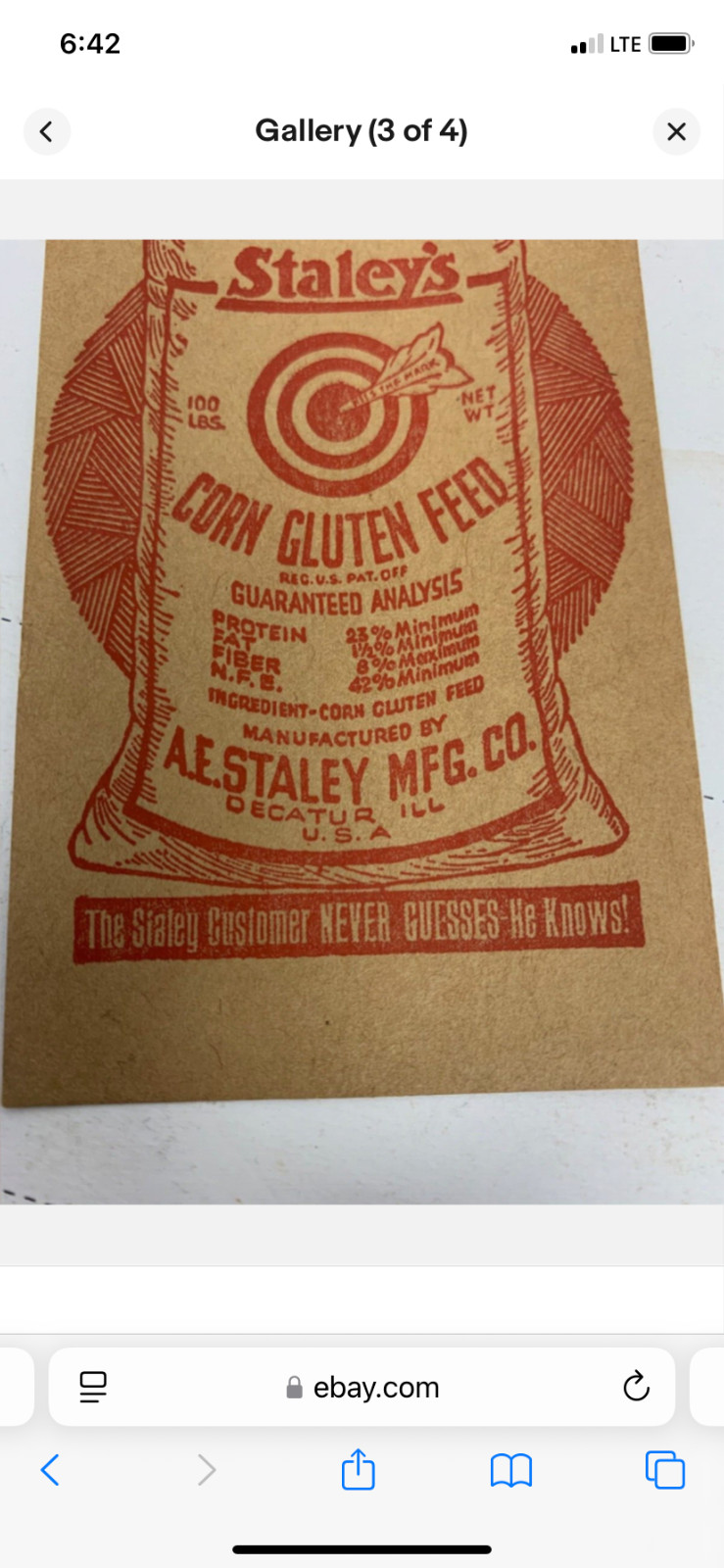 1920’s Staley’s Corn Gluten Feed 5″x2.5″ tag