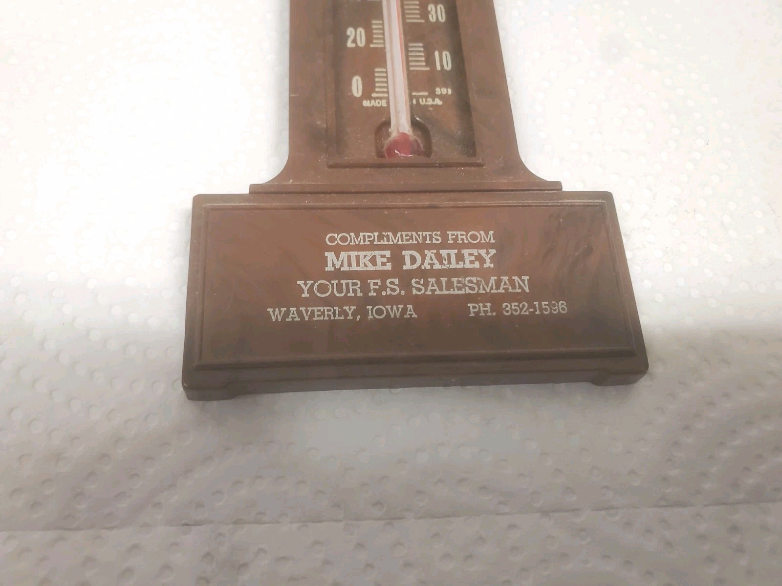 9″ Plastic Thermometer Mike Dailey F S salesman Waverly Iowa Farm Service