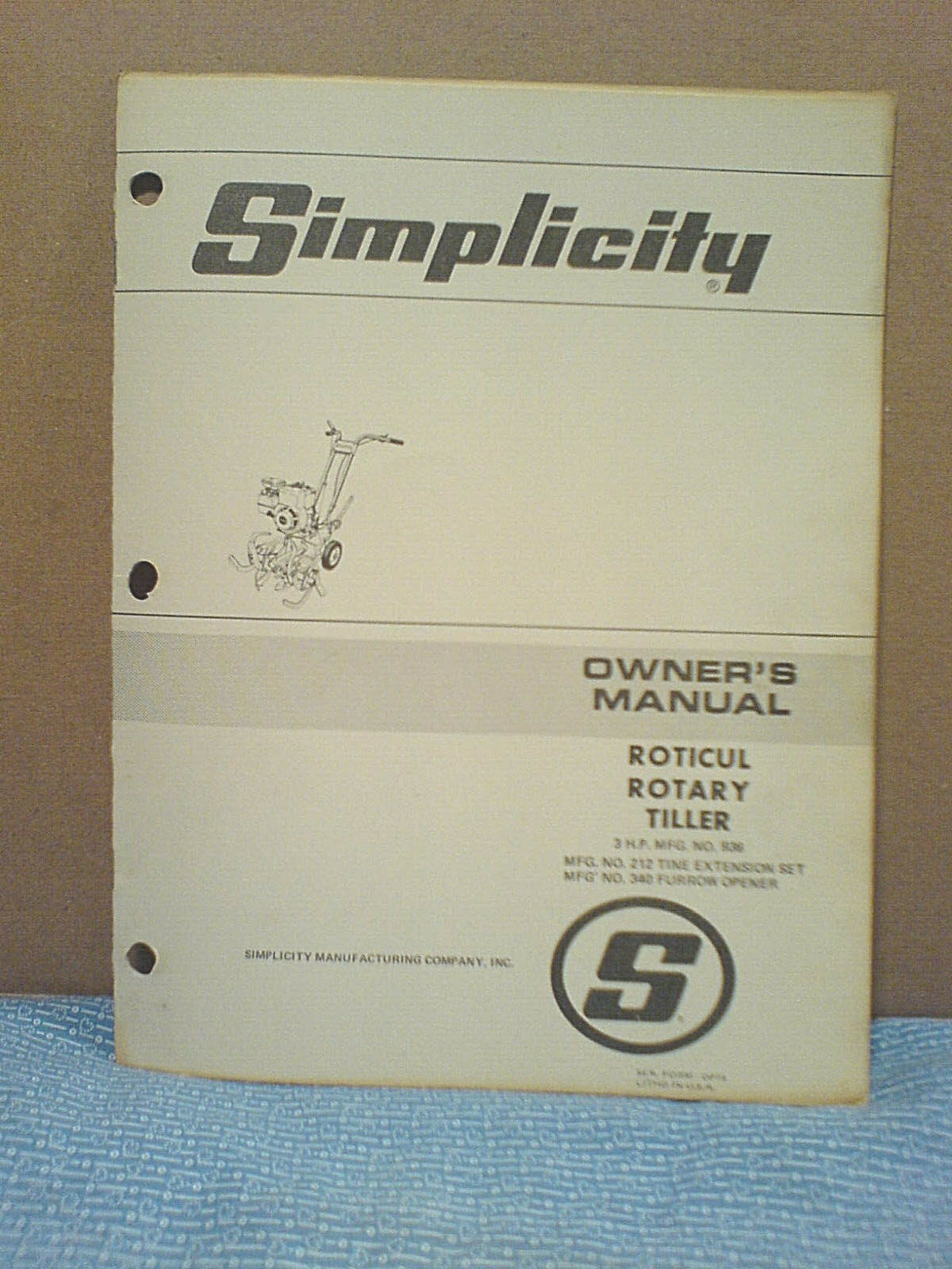 SIMPLICITY NO.936 3 H.P. ROTICUL TILLER, OWNERS AND PARTS MANUAL. ORIGINAL