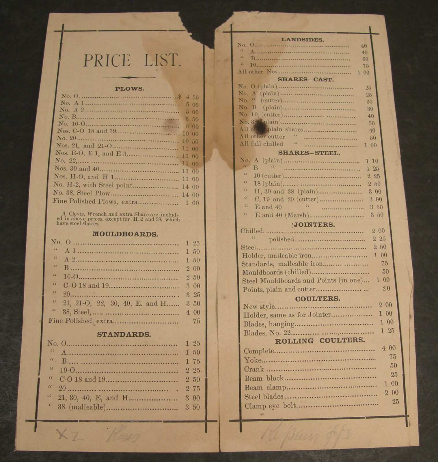 ANTIQUE 1883 PRICE LIST OLIVER AGRICULTURAL PLOW WORKS SOUTH BEND INDIANA
