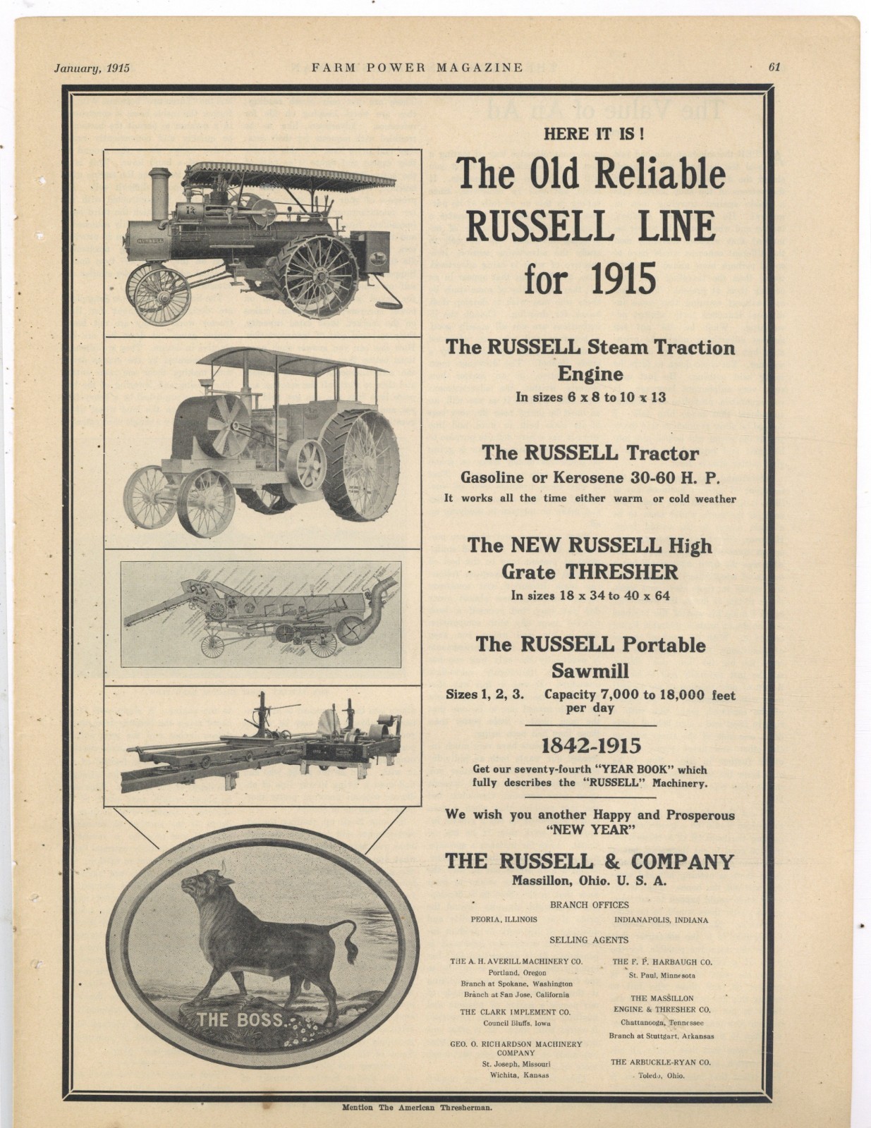 1915 Russell & Co. Massillon, OhiO Ad: BOSS Traction Engine, Tractor, Thresher