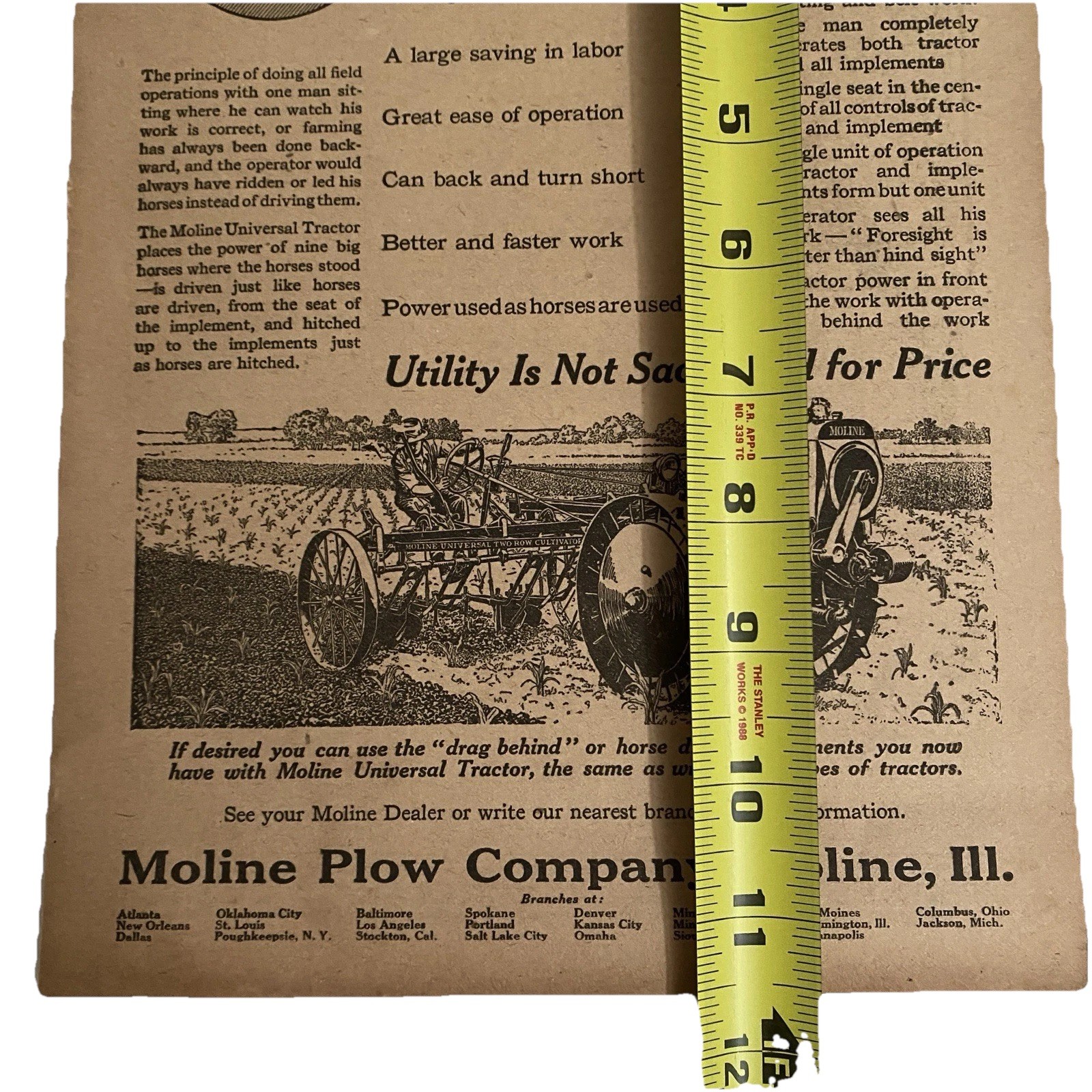 1920 Moline Tractor Plow Print Ad Moline Illinois Universal Two Row Cultivator