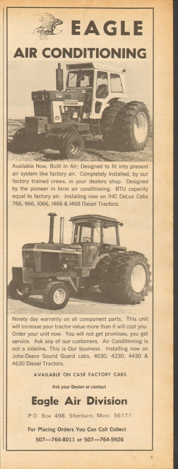 1974 Print Ad of Eagle Air Conditioning Tractor Cab w IH 1466 & John Deere 4430