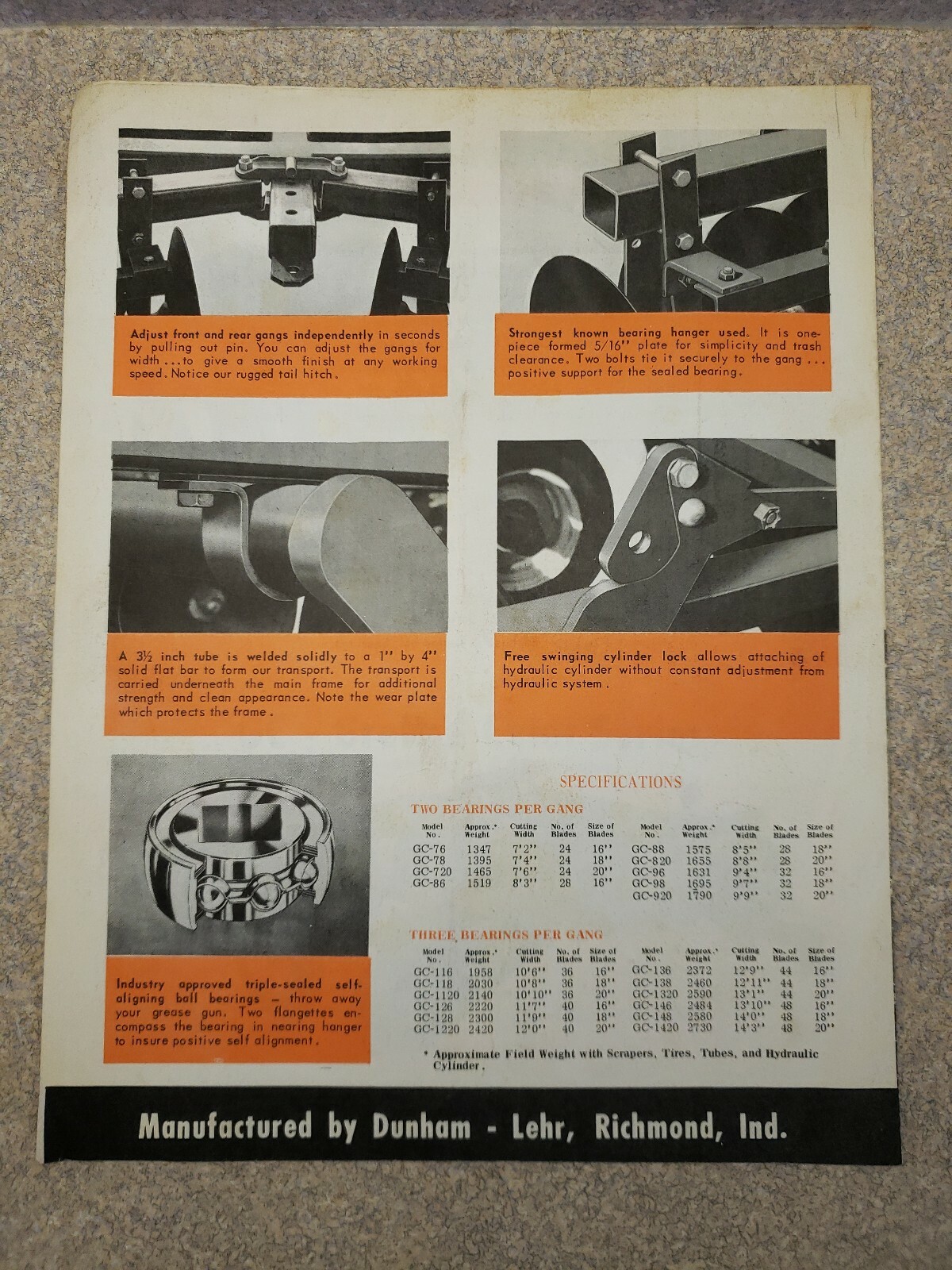 Old 1950s Dunham Ground Chief Transport Discs Farm Equipment Sales Brochure