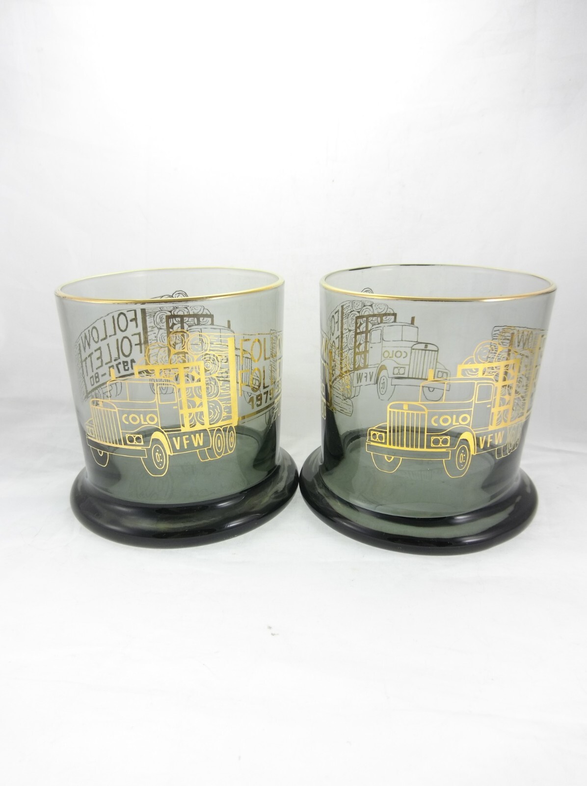 2pc Set ‘Follow Follett’ Colorado VFW Logging Trucking Advertising Rocks Glasses