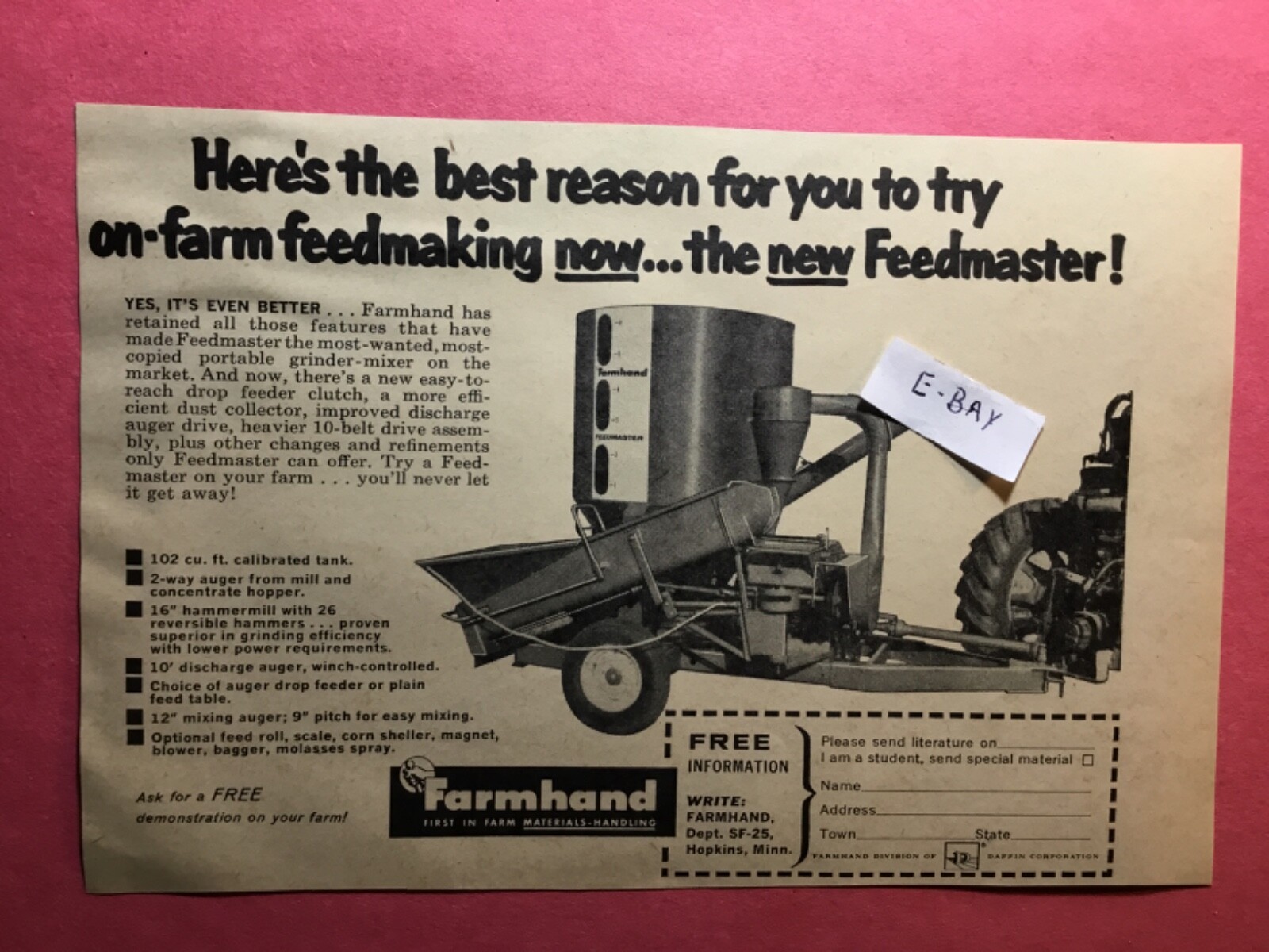 1965 Ad. Feedmaster Grinder. Farmhand. Hopkins, MN.