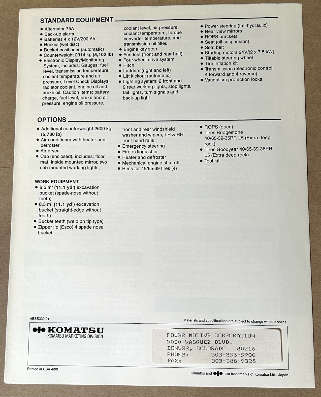 Komatsu WA700-1 Wheel Loader Specifications Brochure 1990